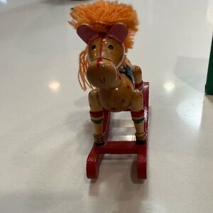 Vintage‎ Christmas Wooden Rocking Horse Ornament - 4" Painted Wood, Yarn in Box